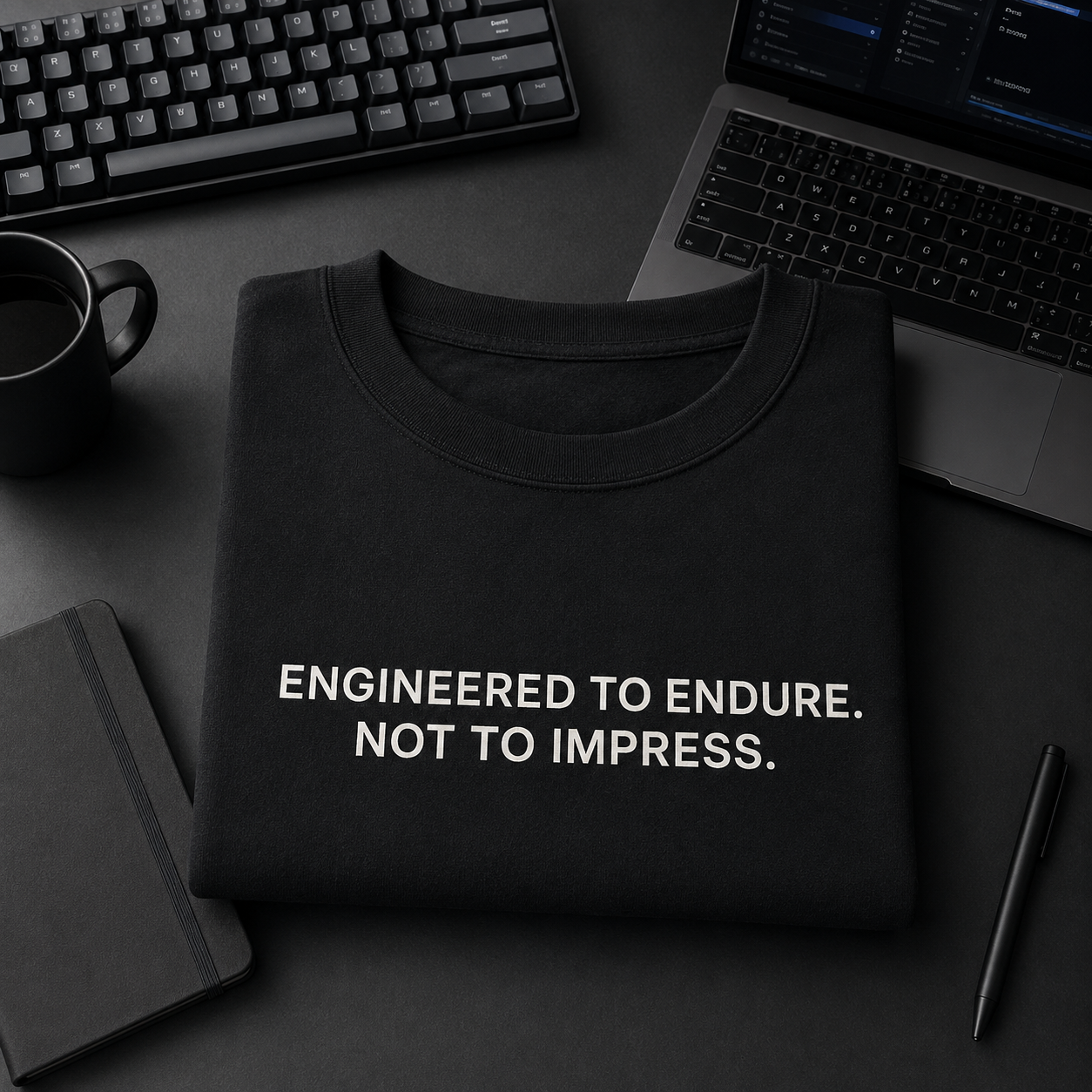 ENGINEERED TO ENDURE. NOT TO IMPRESS. black oversized terry t-shirt by BYTWEAR - worn by model