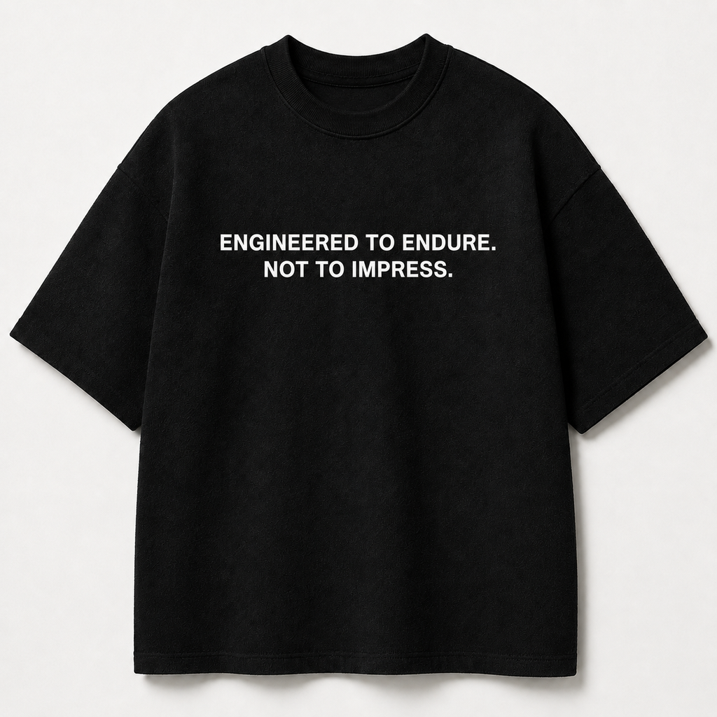 ENGINEERED TO ENDURE. NOT TO IMPRESS. black oversized terry t-shirt by BYTWEAR - front view
