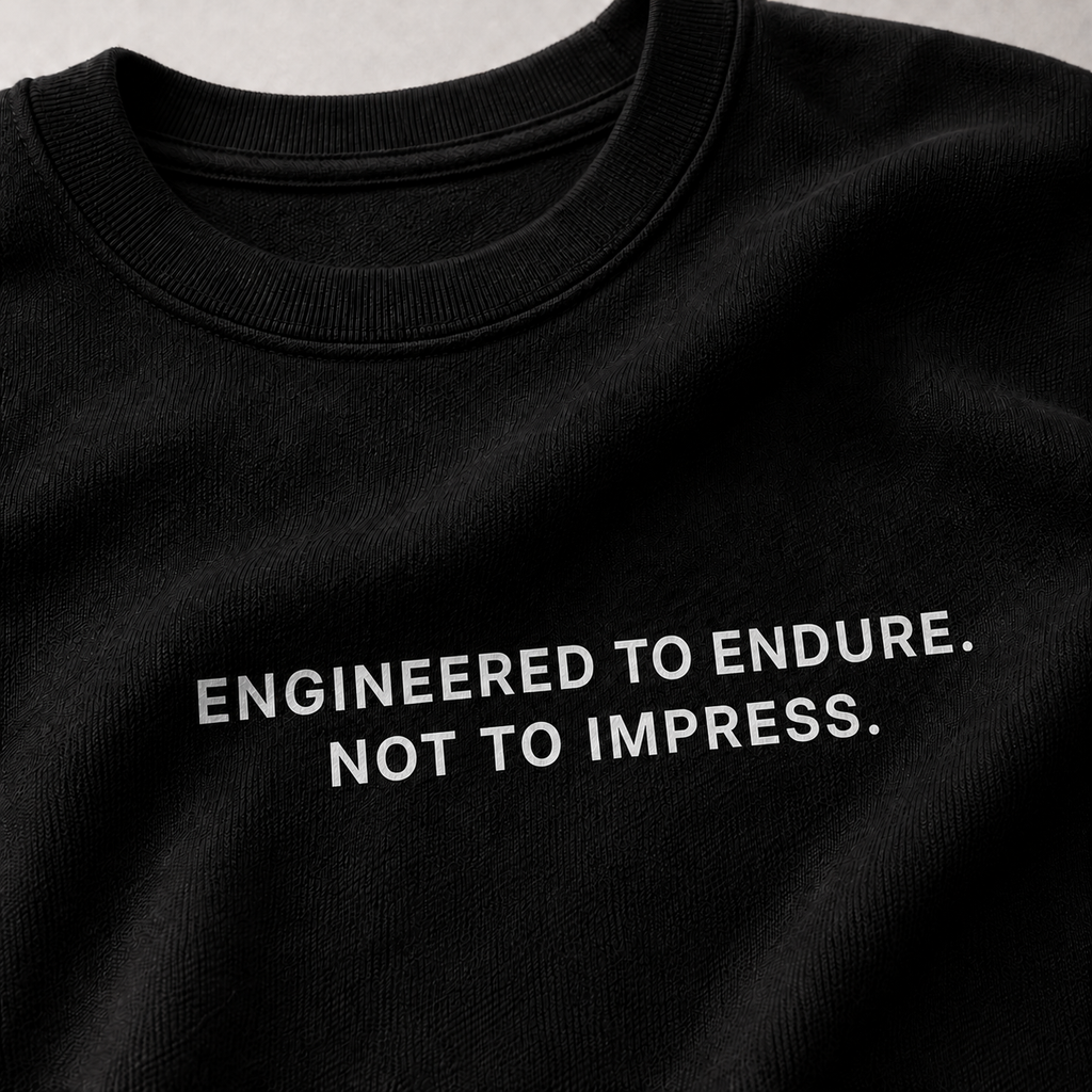 ENGINEERED TO ENDURE. NOT TO IMPRESS. black oversized terry t-shirt by BYTWEAR - fabric and print detail