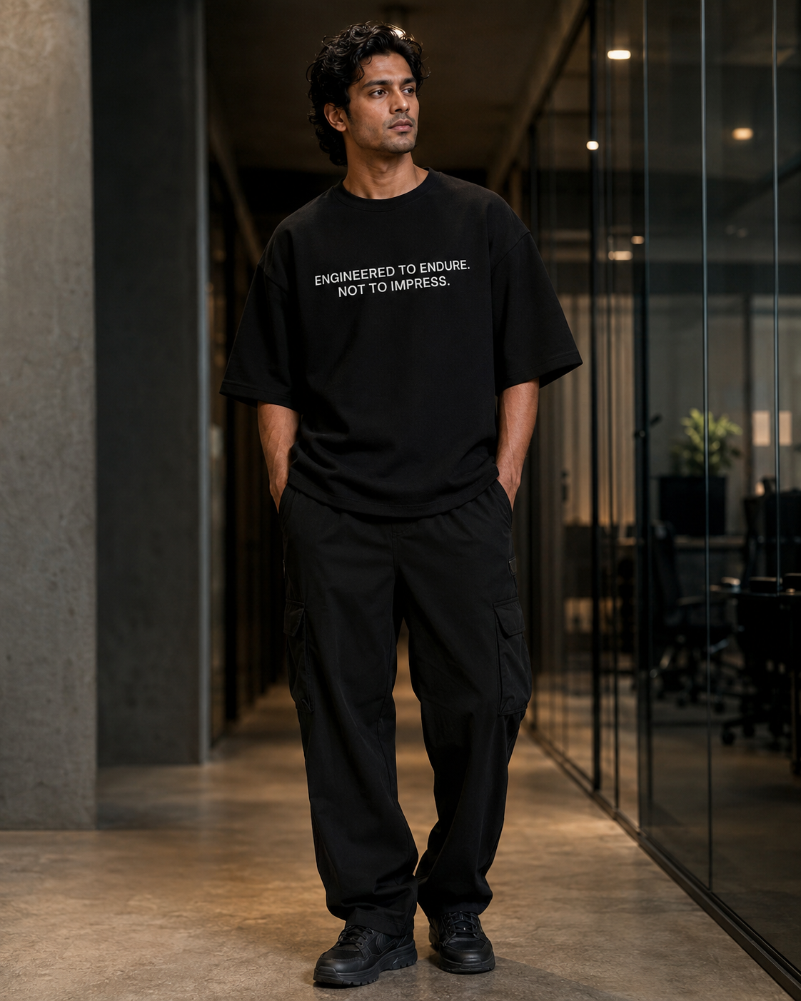 ENGINEERED TO ENDURE. NOT TO IMPRESS. black oversized terry t-shirt by BYTWEAR - product photo 7