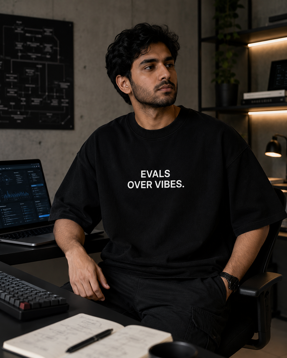 EVALS OVER VIBES. black oversized terry t-shirt by BYTWEAR - worn by model