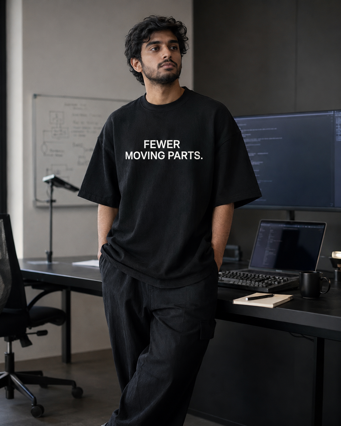 FEWER MOVING PARTS. black oversized terry t-shirt by BYTWEAR - worn by model