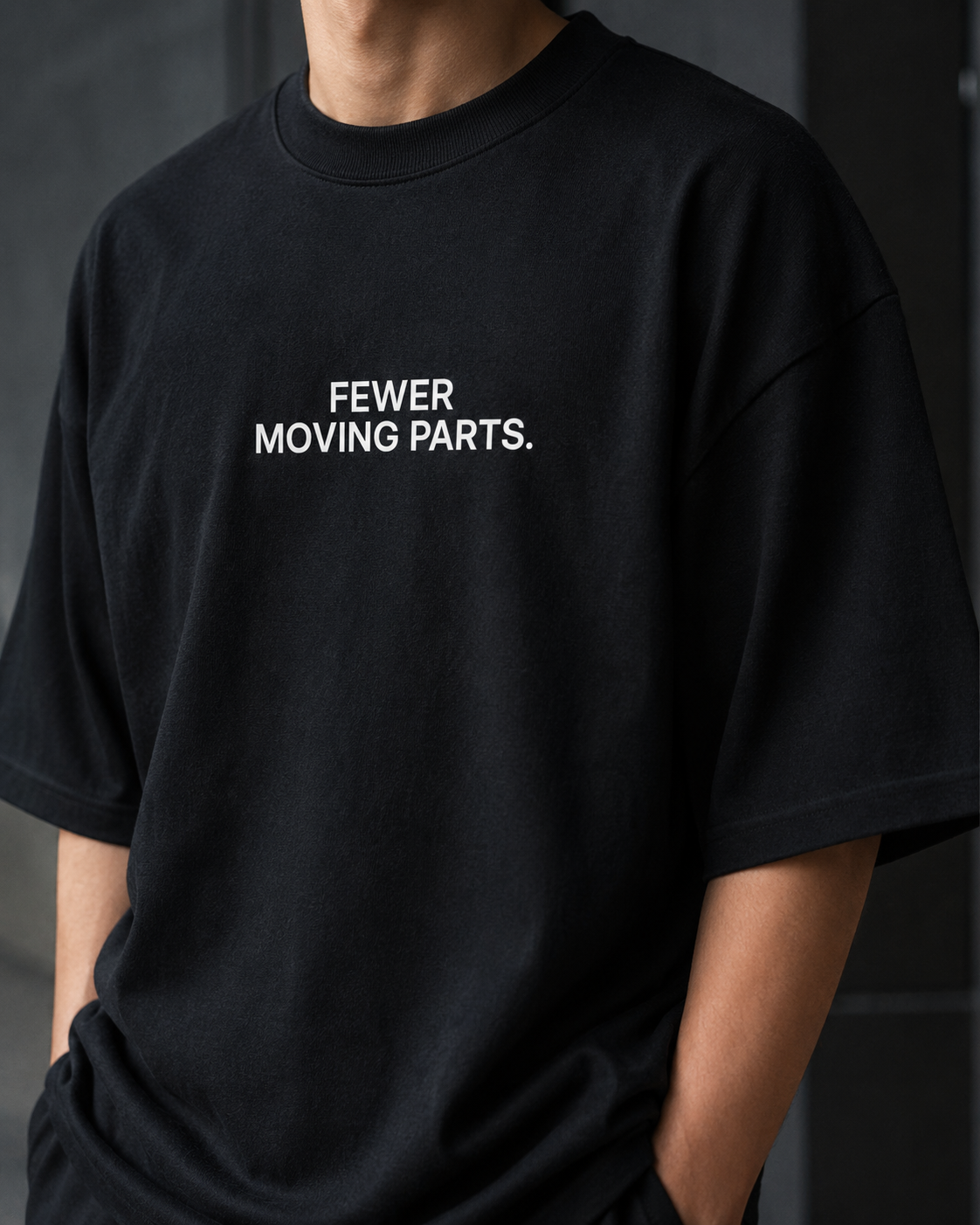 FEWER MOVING PARTS. black oversized terry t-shirt by BYTWEAR - fabric and print detail