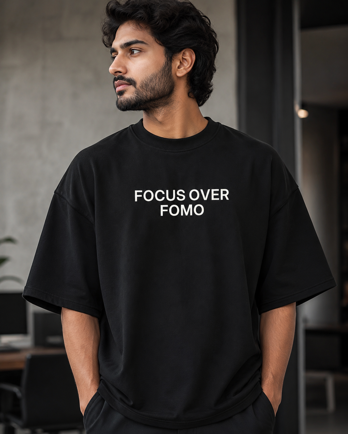 FOCUS OVER FOMO black oversized terry t-shirt by BYTWEAR - oversized fit detail