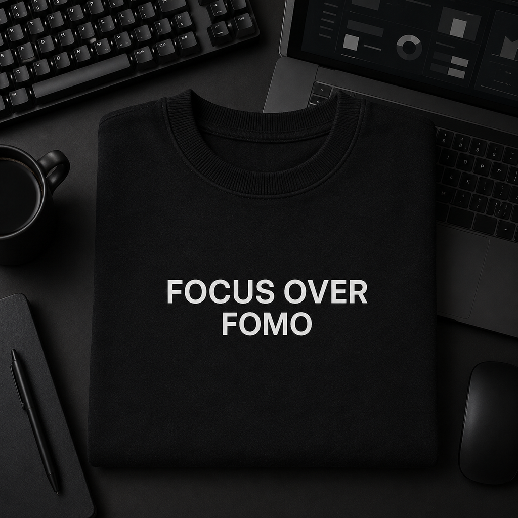 FOCUS OVER FOMO black oversized terry t-shirt by BYTWEAR - flat lay on desk