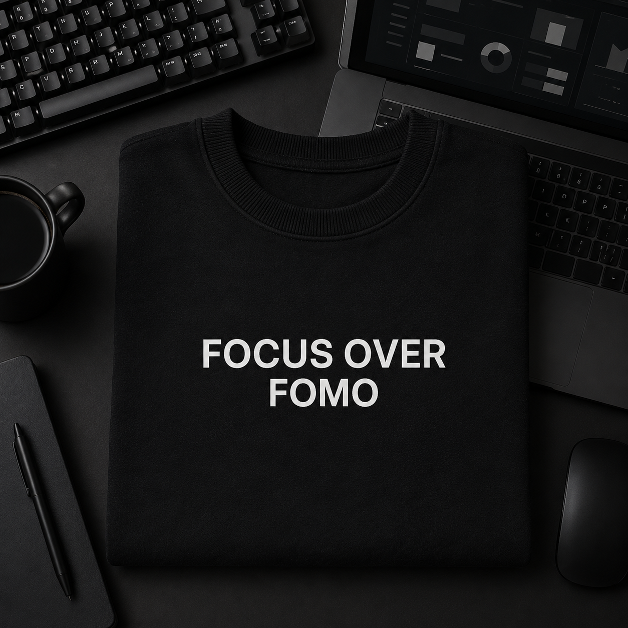 FOCUS OVER FOMO black oversized terry t-shirt by BYTWEAR - flat lay on desk