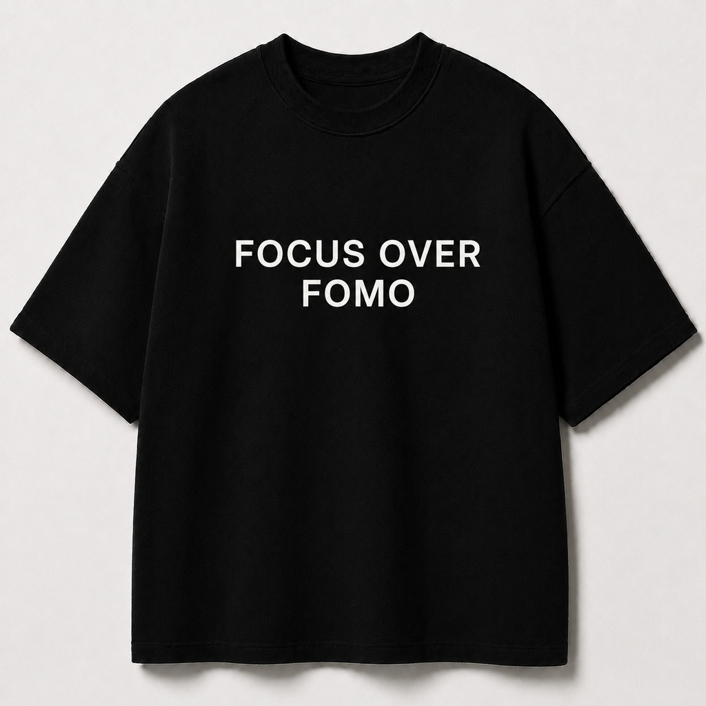 FOCUS OVER FOMO black oversized terry t-shirt by BYTWEAR - front view