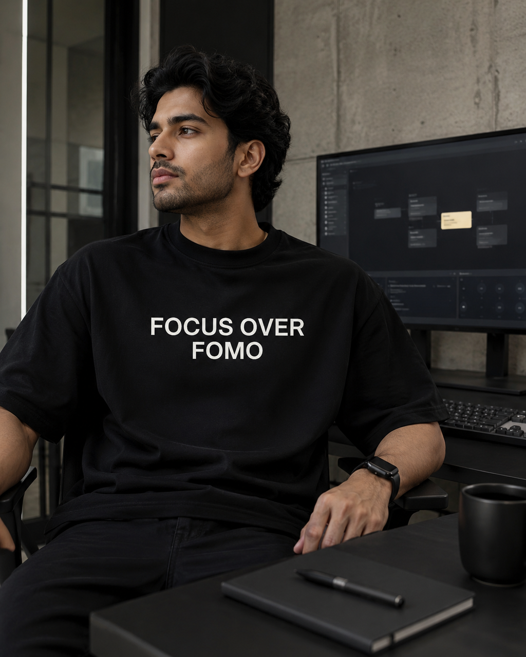 FOCUS OVER FOMO black oversized terry t-shirt by BYTWEAR - worn by model
