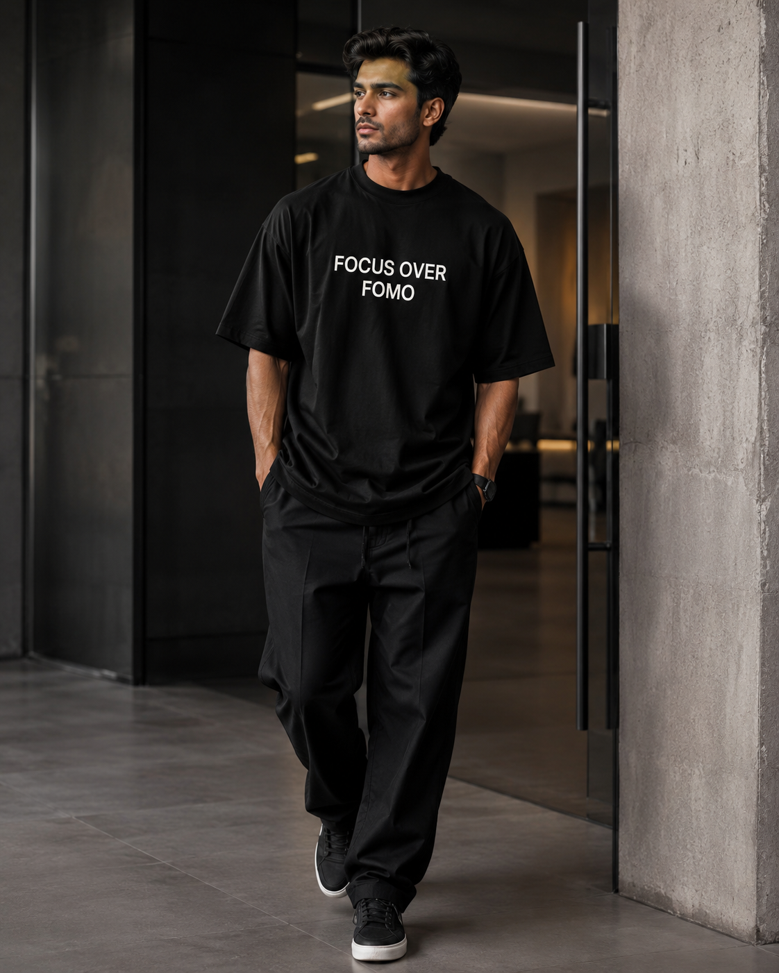 FOCUS OVER FOMO black oversized terry t-shirt by BYTWEAR - styled streetwear look
