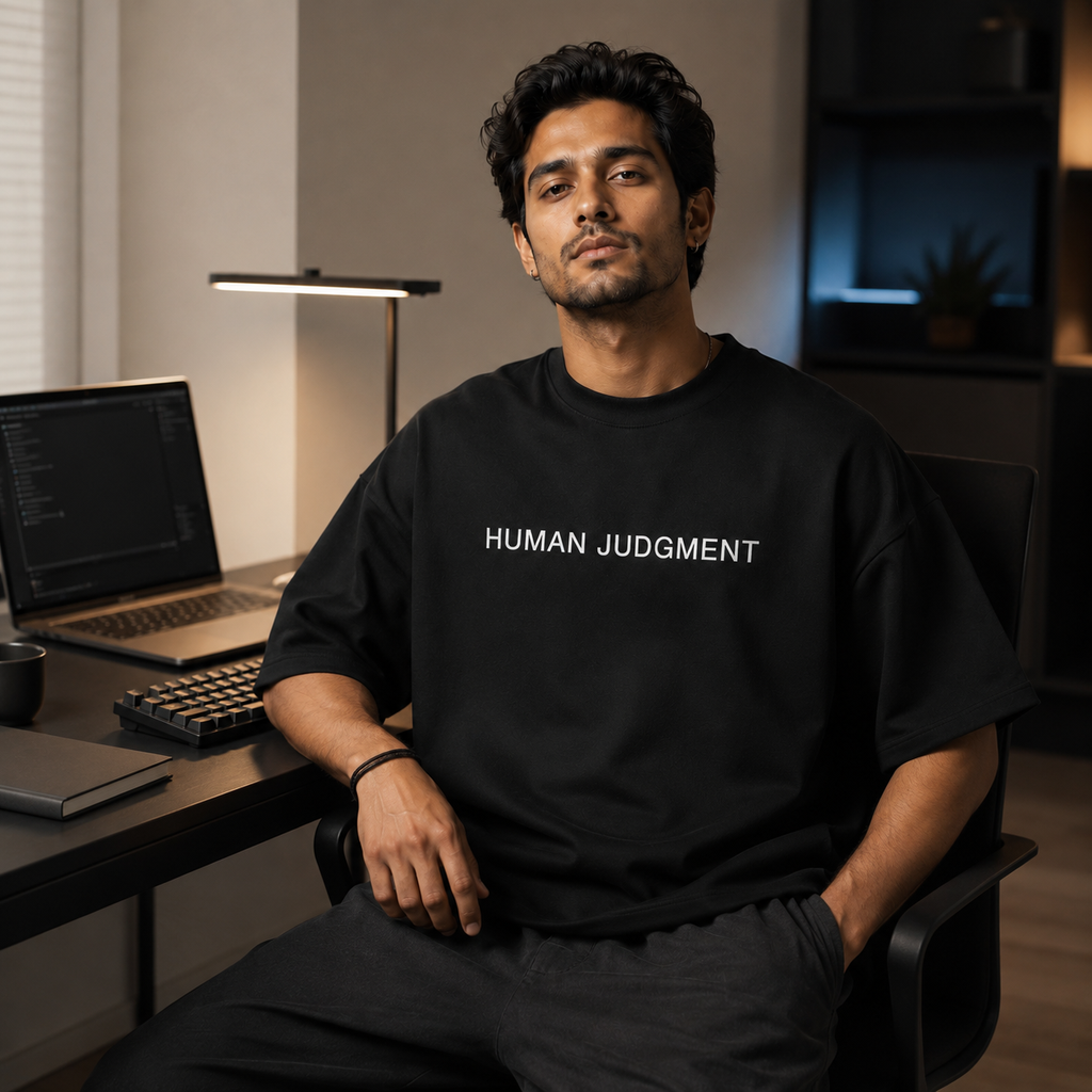 Developer wearing BYTWEAR HUMAN JUDGMENT t-shirt in a modern workspace