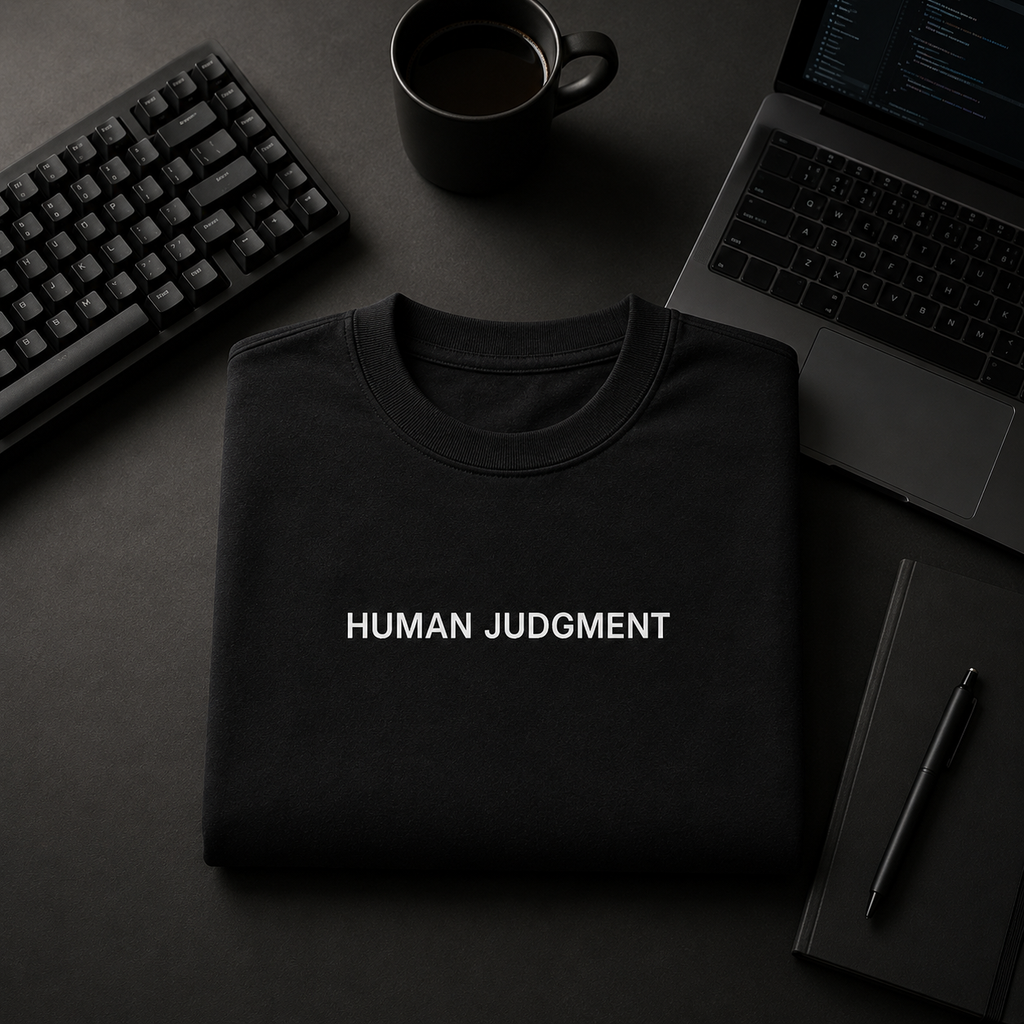 BYTWEAR HUMAN JUDGMENT black oversized t-shirt flat lay with developer desk setup