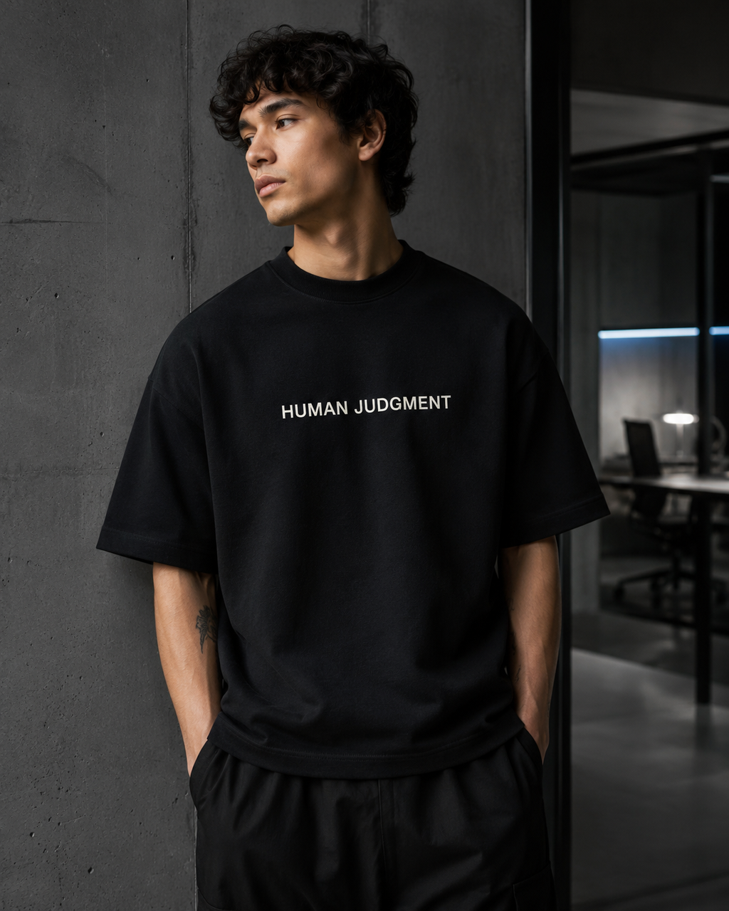 HUMAN JUDGMENT black oversized terry t-shirt by BYTWEAR - worn by model