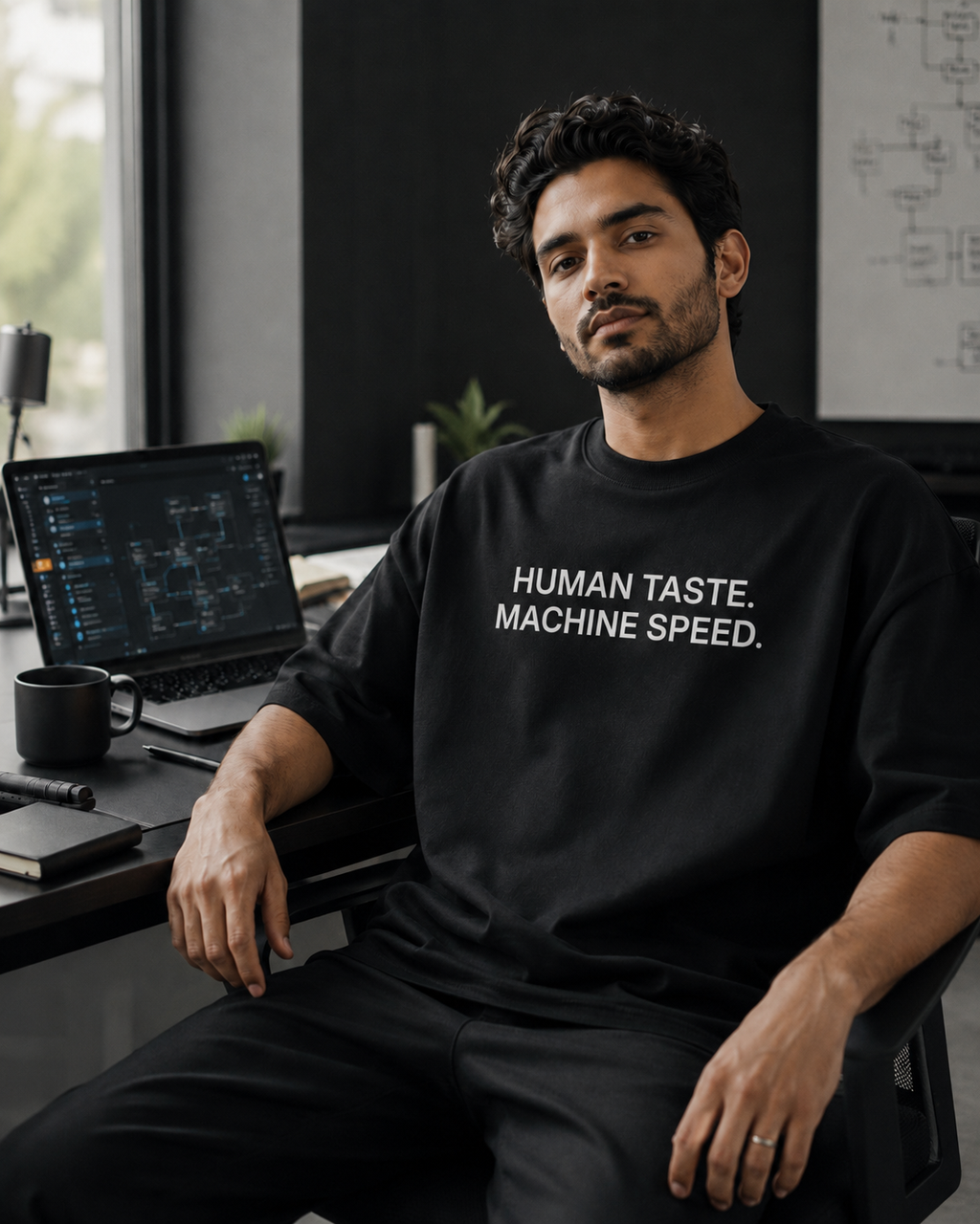HUMAN TASTE. MACHINE SPEED. black oversized terry t-shirt by BYTWEAR - worn by model