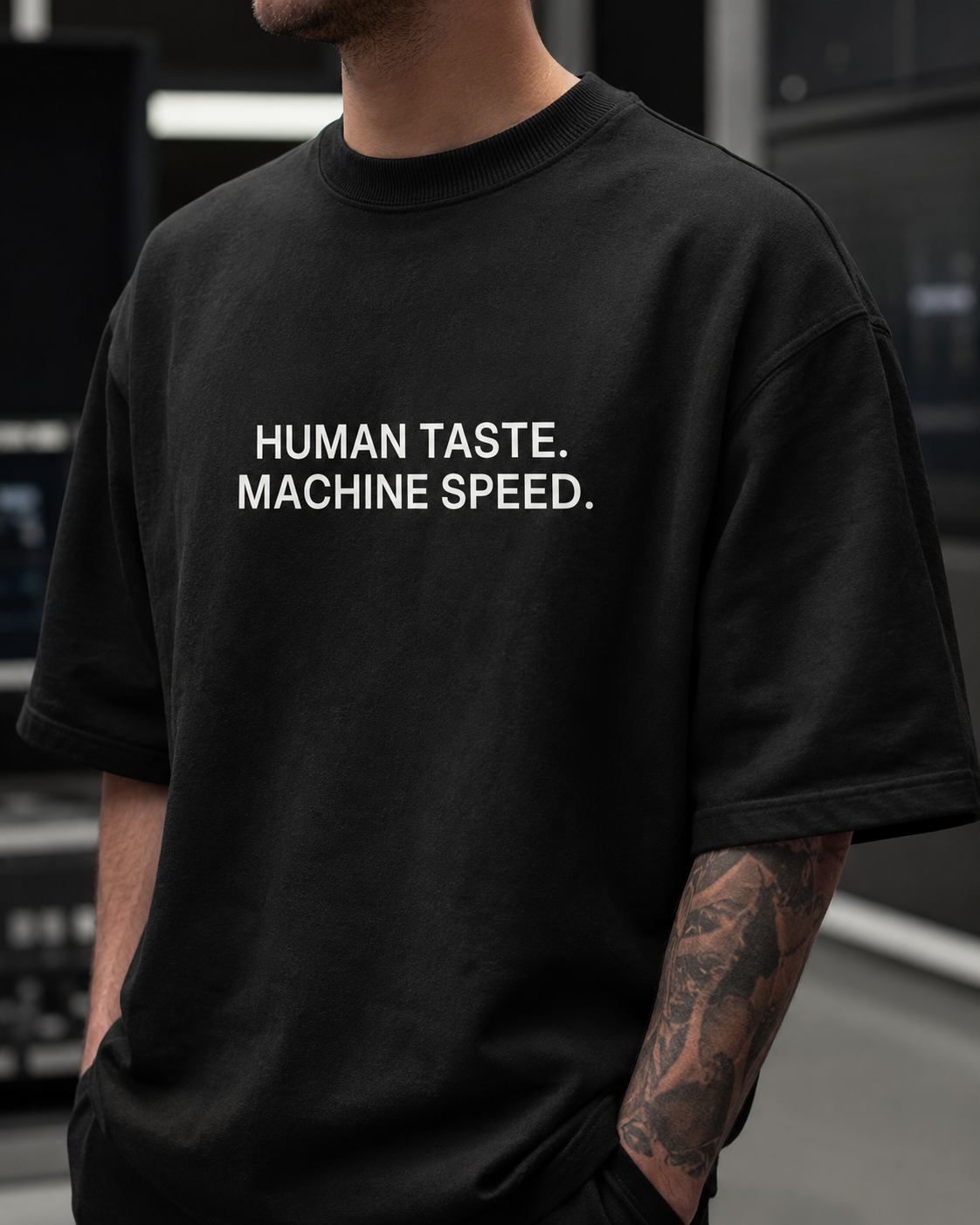 HUMAN TASTE. MACHINE SPEED. black oversized terry t-shirt by BYTWEAR - fabric and print detail