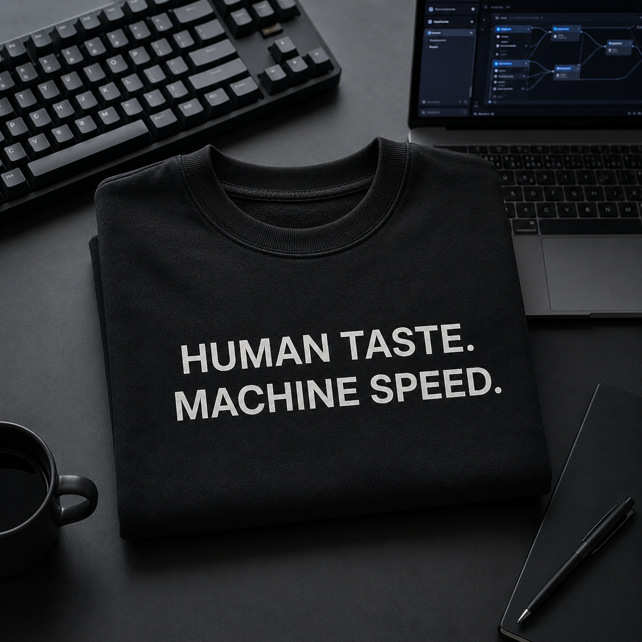 HUMAN TASTE. MACHINE SPEED. black oversized terry t-shirt by BYTWEAR - worn by model