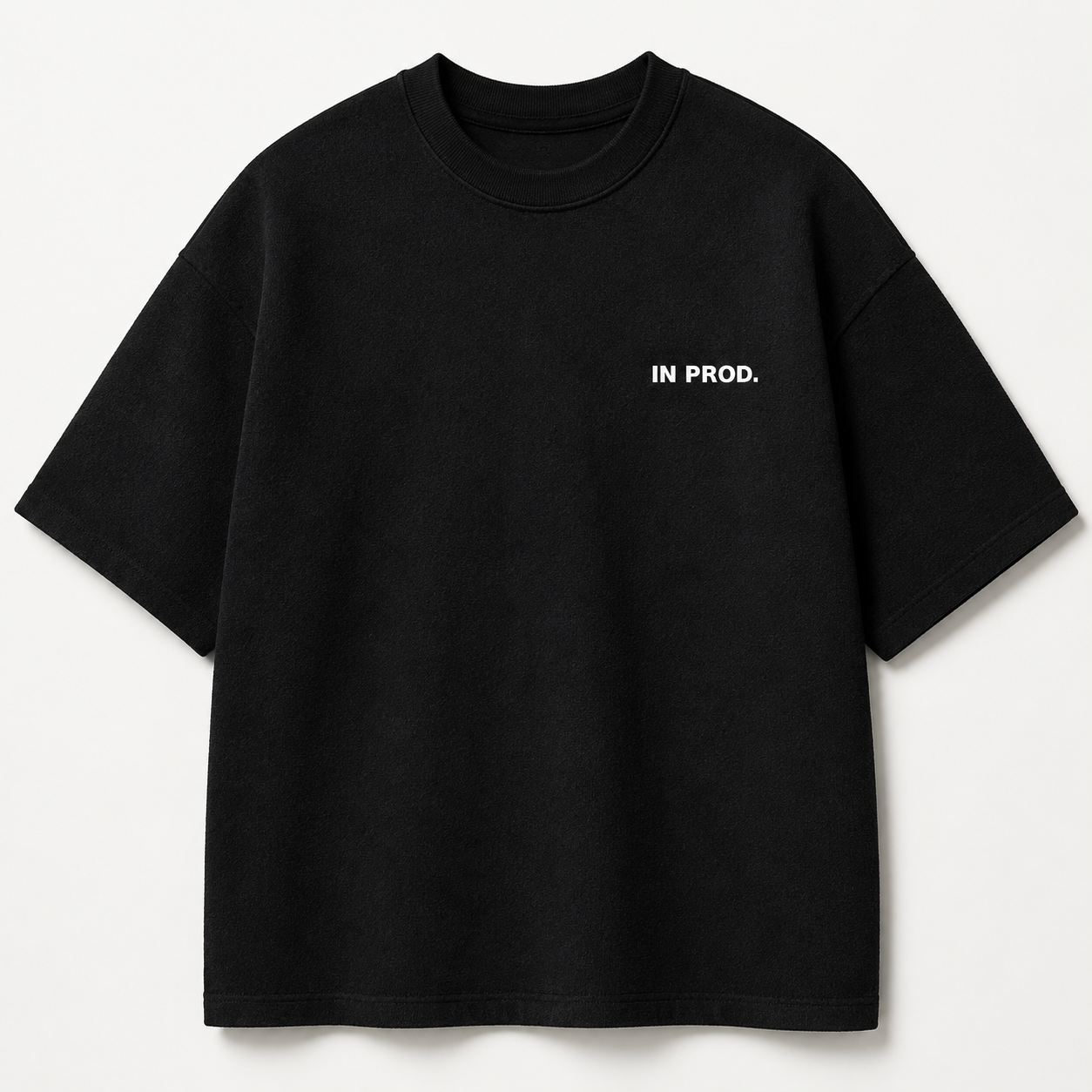 Black t-shirt with 'IN PROD.' text on a white background