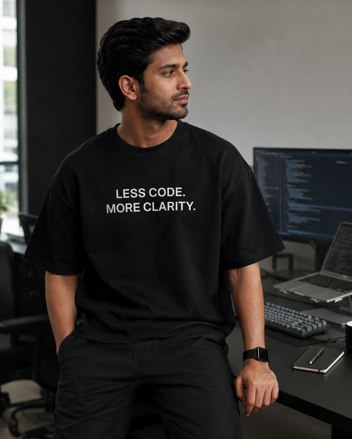 LESS CODE. MORE CLARITY. black oversized terry t-shirt by BYTWEAR - worn by model