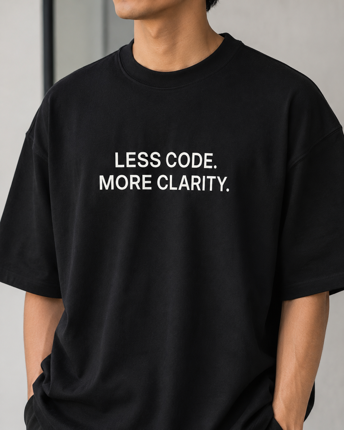 LESS CODE. MORE CLARITY. black oversized terry t-shirt by BYTWEAR - fabric and print detail