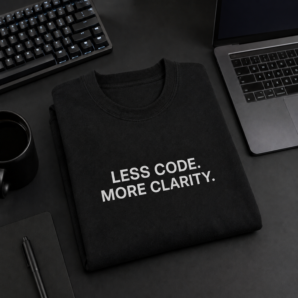 LESS CODE. MORE CLARITY. black oversized terry t-shirt by BYTWEAR - worn by model