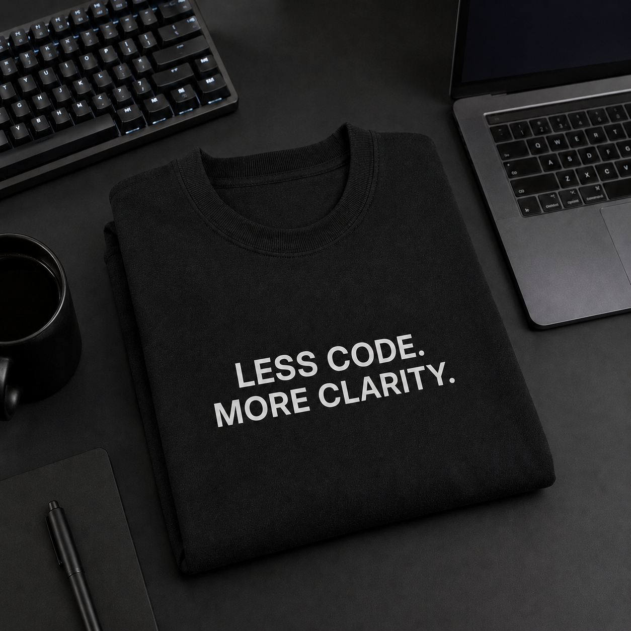 LESS CODE. MORE CLARITY. black oversized terry t-shirt by BYTWEAR - worn by model