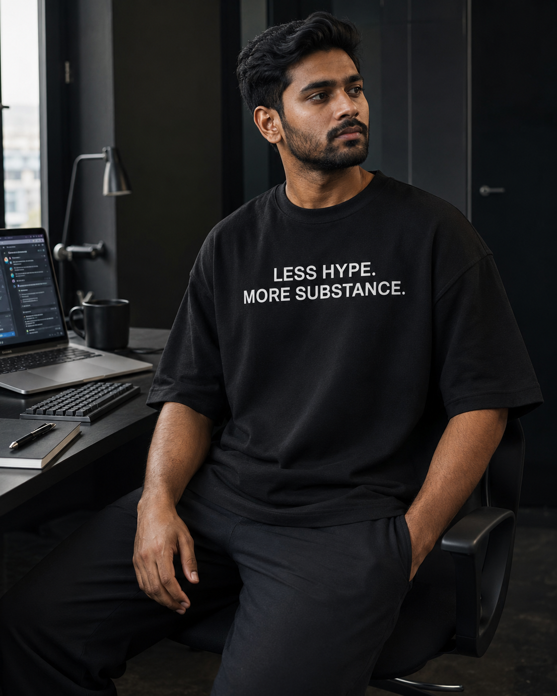 LESS HYPE. MORE SUBSTANCE. black oversized terry t-shirt by BYTWEAR - worn by model