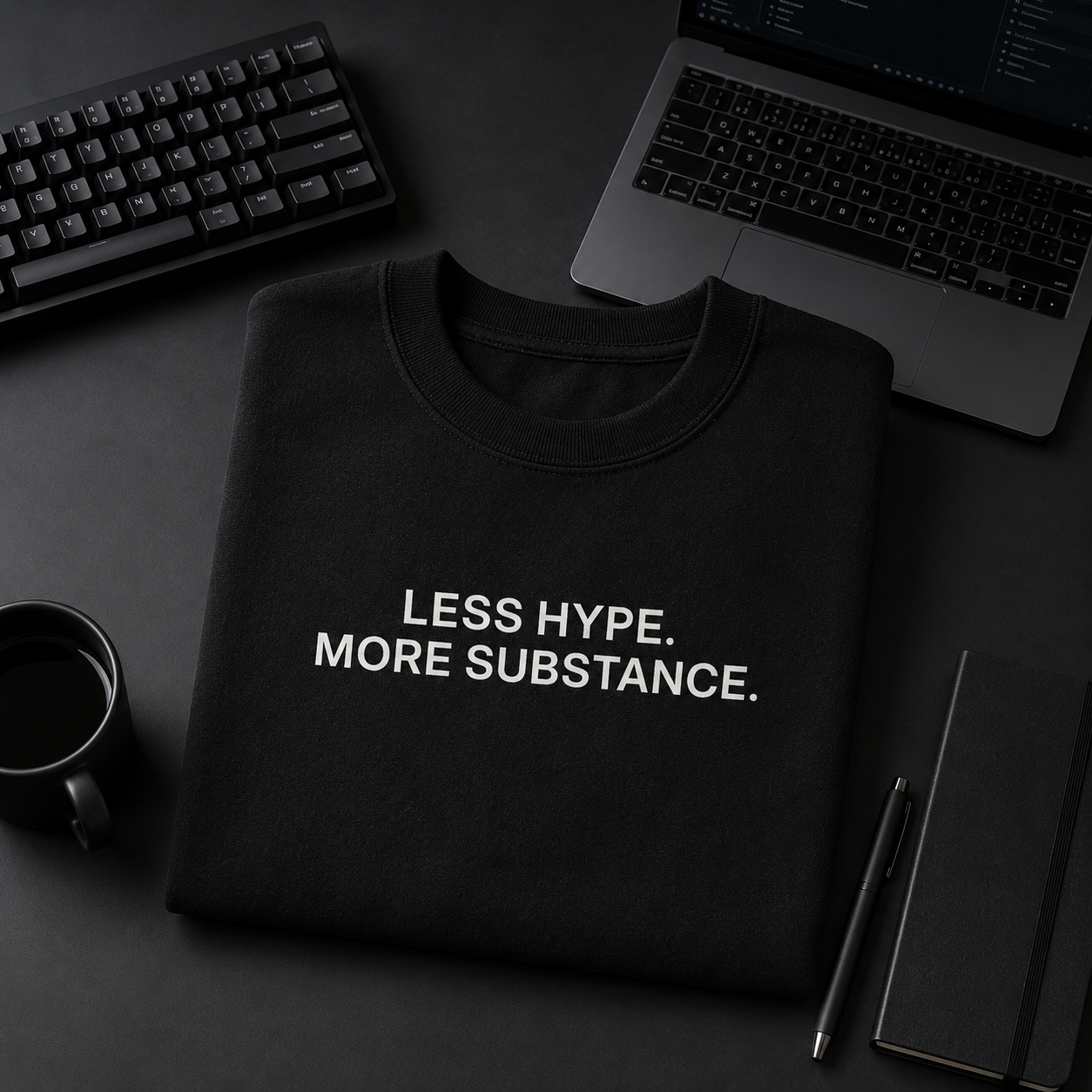 LESS HYPE. MORE SUBSTANCE. black oversized terry t-shirt by BYTWEAR - worn by model