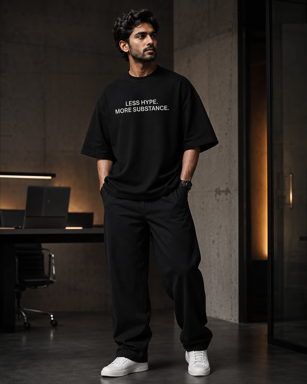 LESS HYPE. MORE SUBSTANCE. black oversized terry t-shirt by BYTWEAR - product photo 7