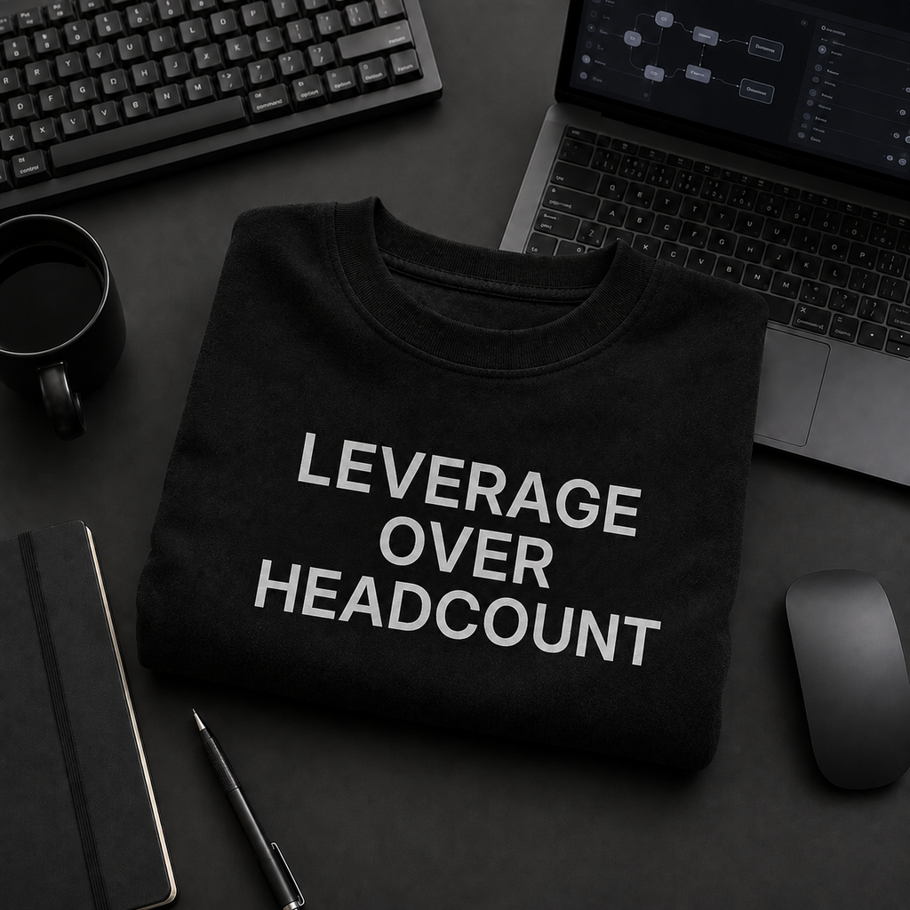 LEVERAGE OVER HEADCOUNT black oversized terry t-shirt by BYTWEAR - flat lay on desk
