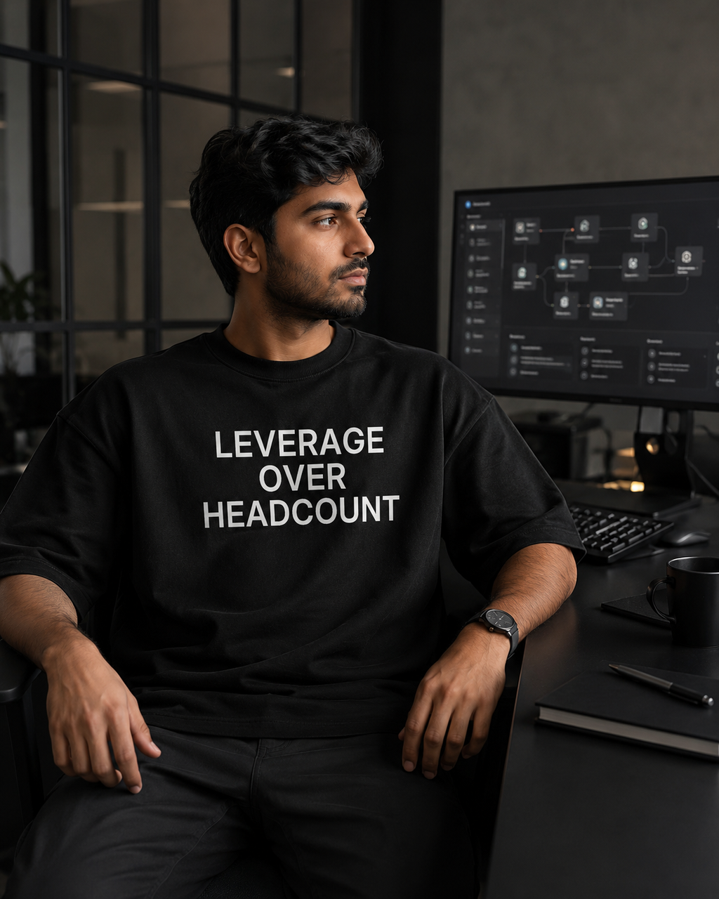 LEVERAGE OVER HEADCOUNT black oversized terry t-shirt by BYTWEAR - worn by model