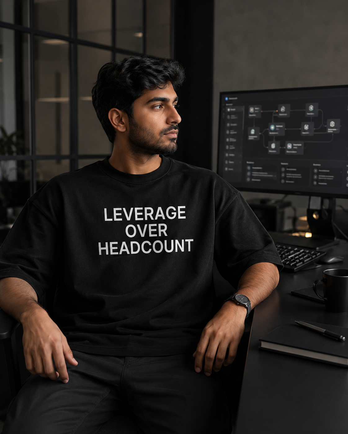 LEVERAGE OVER HEADCOUNT black oversized terry t-shirt by BYTWEAR - worn by model