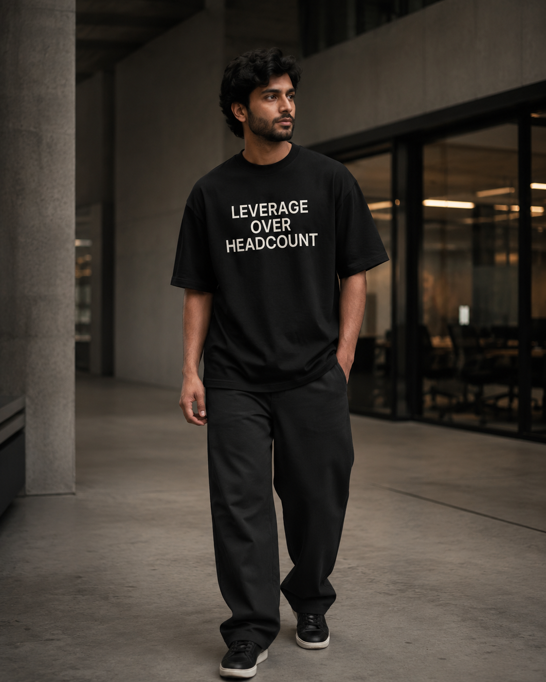 LEVERAGE OVER HEADCOUNT black oversized terry t-shirt by BYTWEAR - styled streetwear look