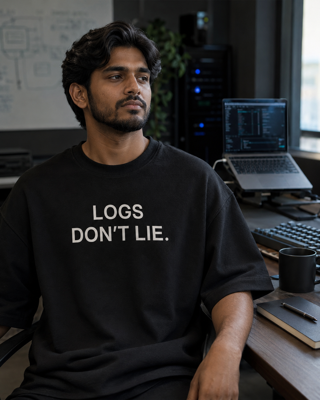 LOGS DON’T LIE. black oversized terry t-shirt by BYTWEAR - worn by model