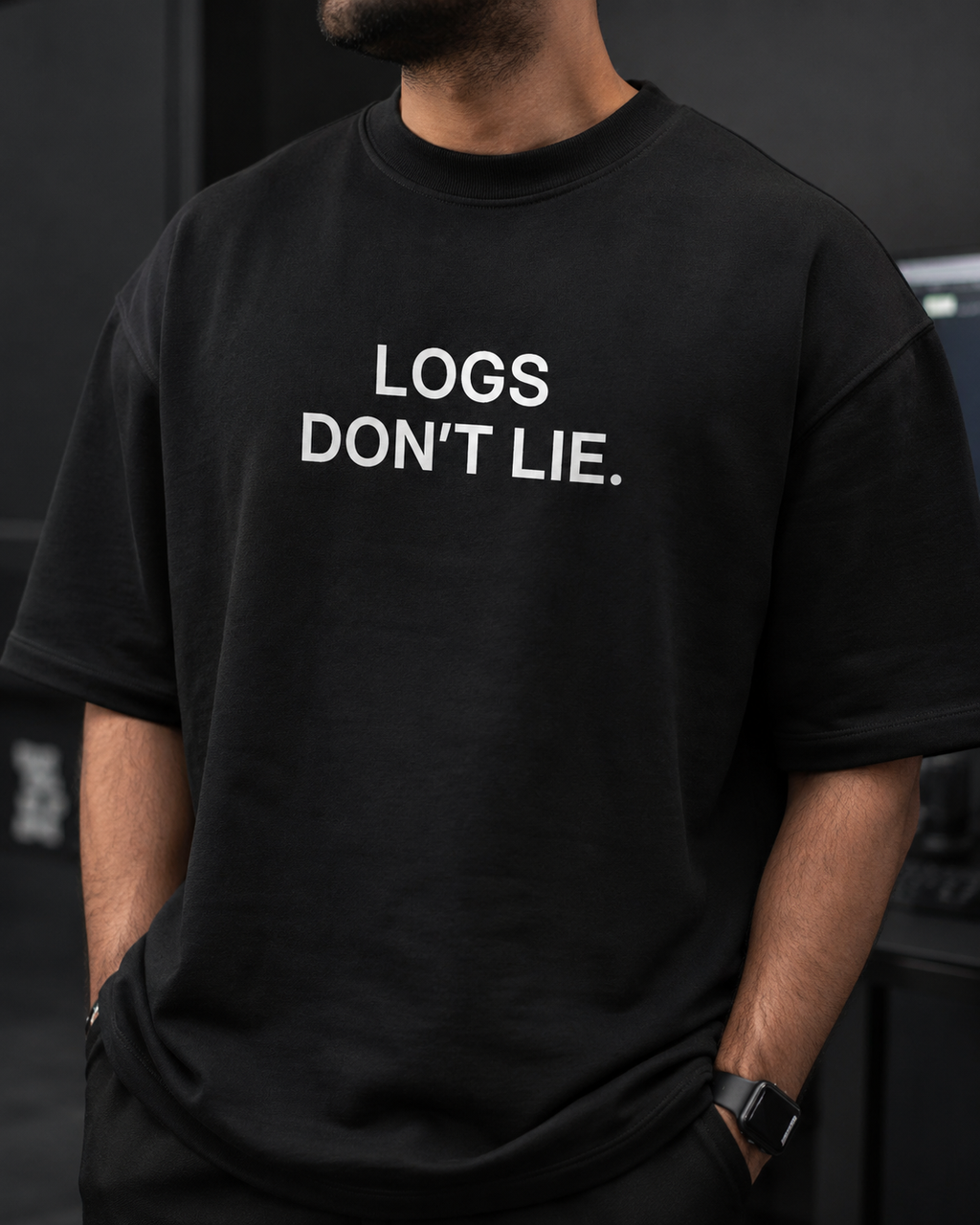 LOGS DON’T LIE. black oversized terry t-shirt by BYTWEAR - fabric and print detail