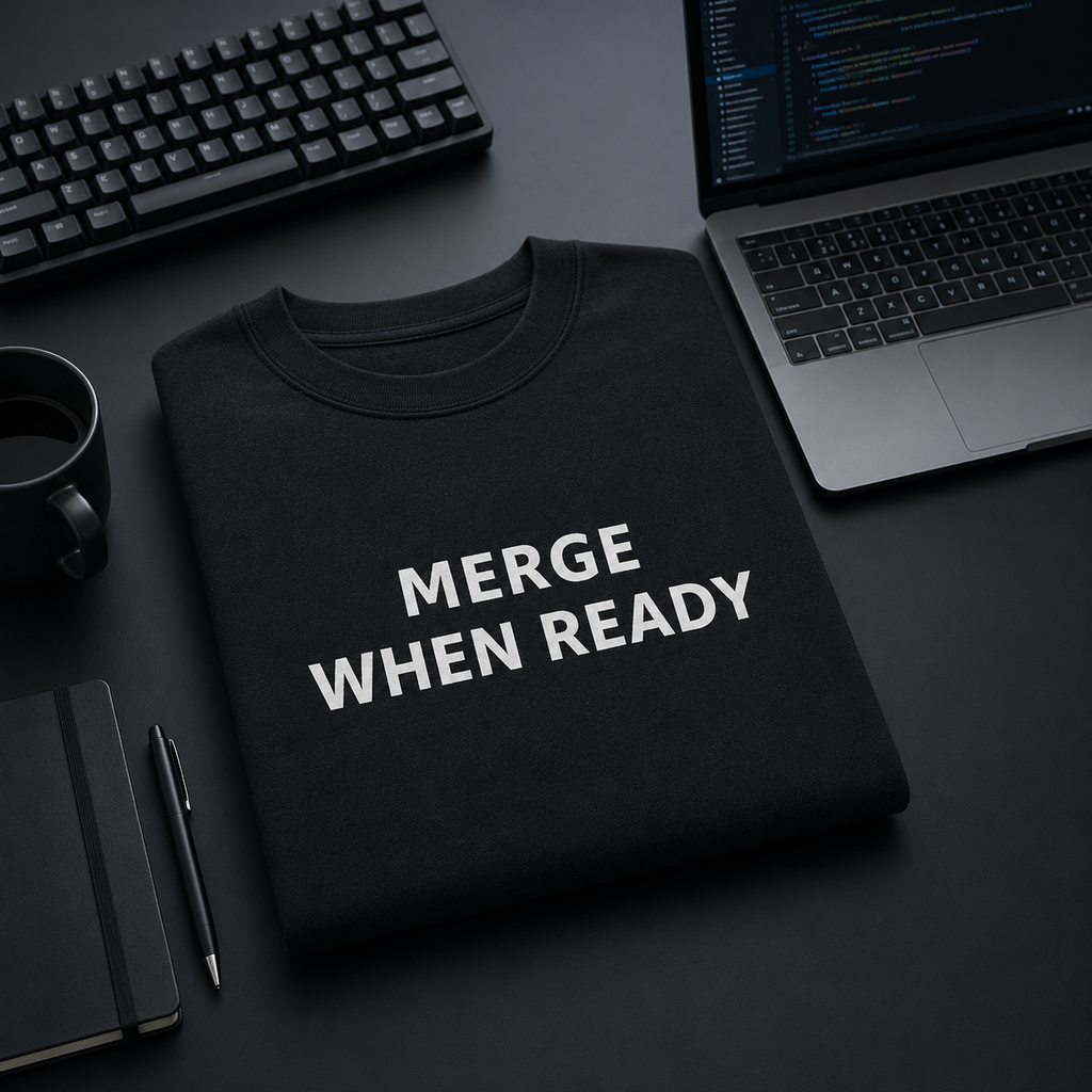 Black sweatshirt with 'MERGE WHEN READY' text on a desk with a laptop and keyboard.