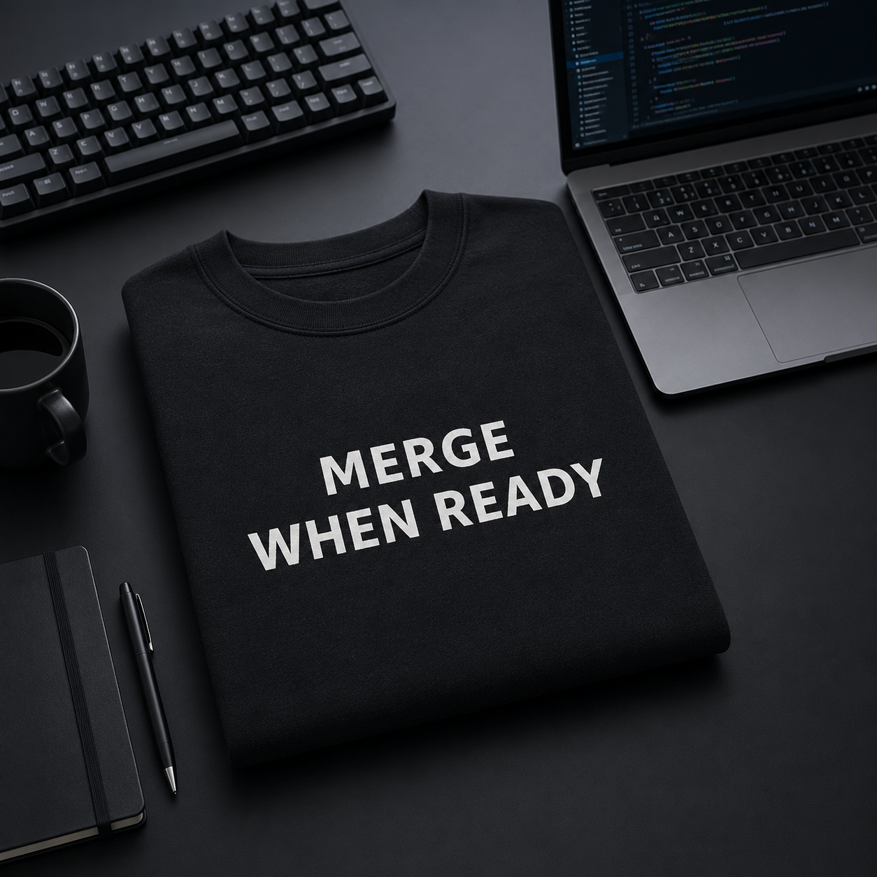 Black sweatshirt with 'MERGE WHEN READY' text on a desk with a laptop and keyboard.