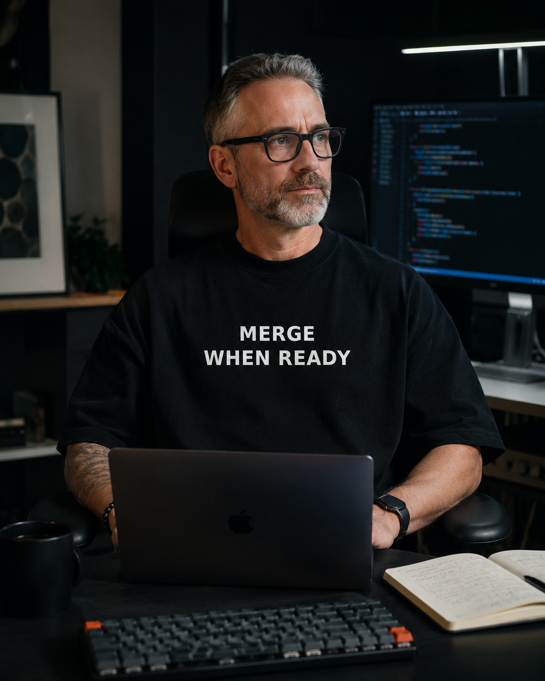 Man wearing a black t-shirt with 'MERGE WHEN READY' text, sitting at a desk with a laptop and computer monitor.