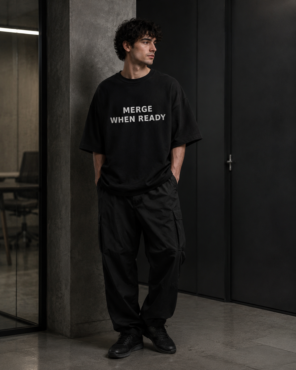 Person wearing a black t-shirt with 'MERGE WHEN READY' text in a minimalistic setting.