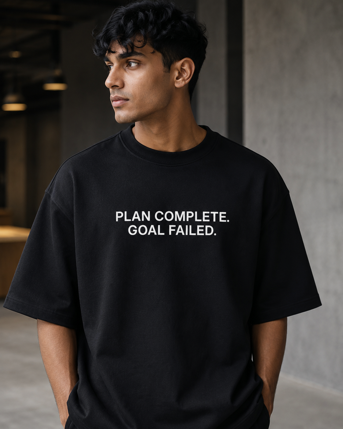 PLAN COMPLETE. GOAL FAILED. black oversized terry t-shirt by BYTWEAR - oversized fit detail