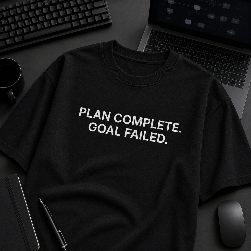 PLAN COMPLETE. GOAL FAILED. black oversized terry t-shirt by BYTWEAR - flat lay on developer desk