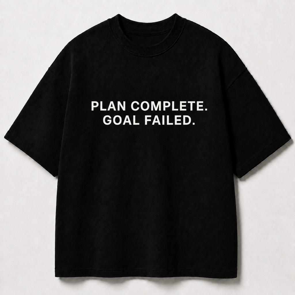 PLAN COMPLETE. GOAL FAILED. black oversized terry t-shirt by BYTWEAR - front view