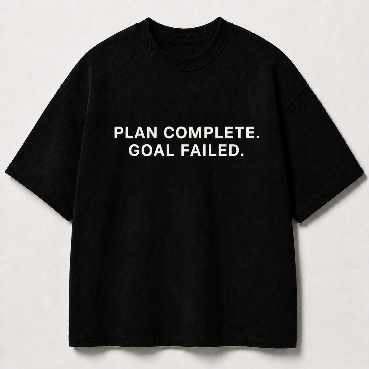 PLAN COMPLETE. GOAL FAILED. black oversized terry t-shirt by BYTWEAR - front view