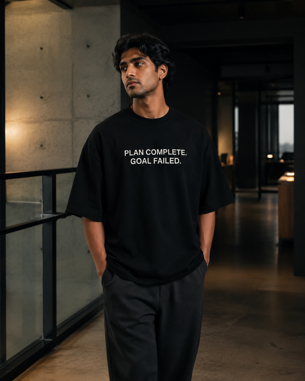 PLAN COMPLETE. GOAL FAILED. black oversized terry t-shirt by BYTWEAR - worn by model