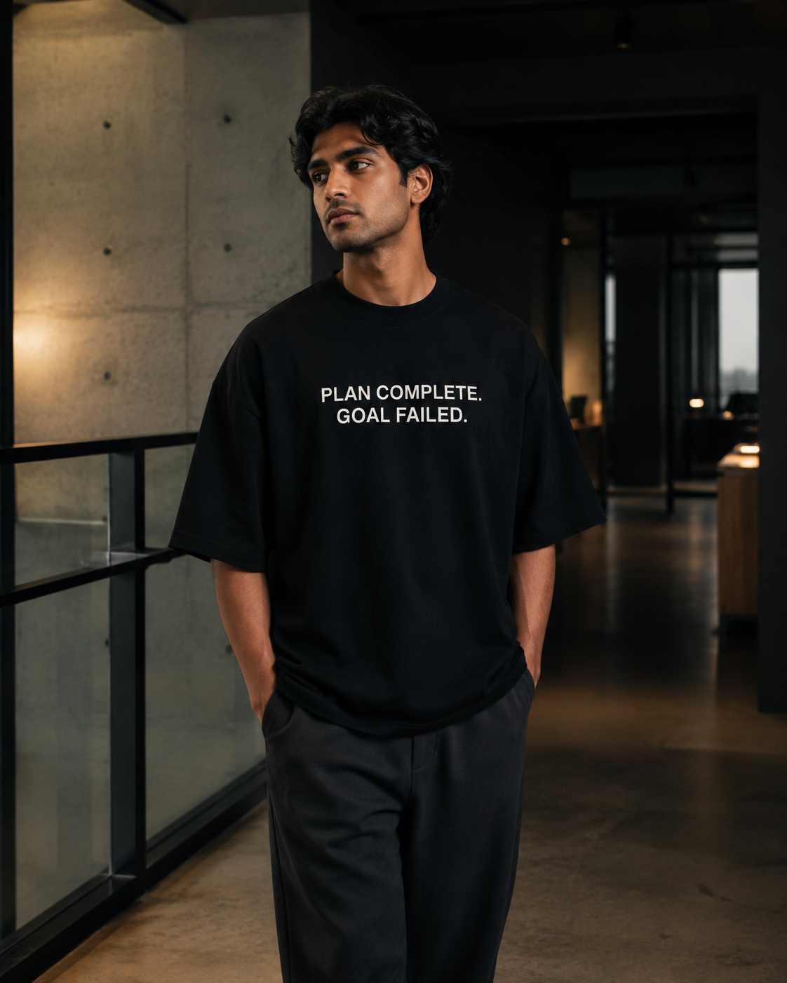 PLAN COMPLETE. GOAL FAILED. black oversized terry t-shirt by BYTWEAR - worn by model
