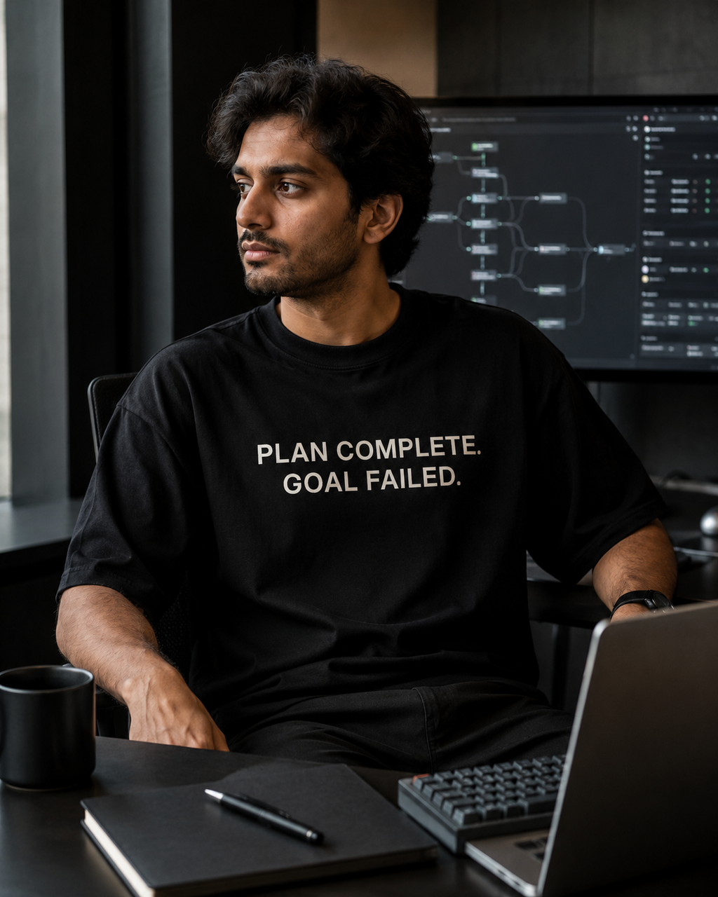PLAN COMPLETE. GOAL FAILED. black oversized terry t-shirt by BYTWEAR - worn by model in AI workspace