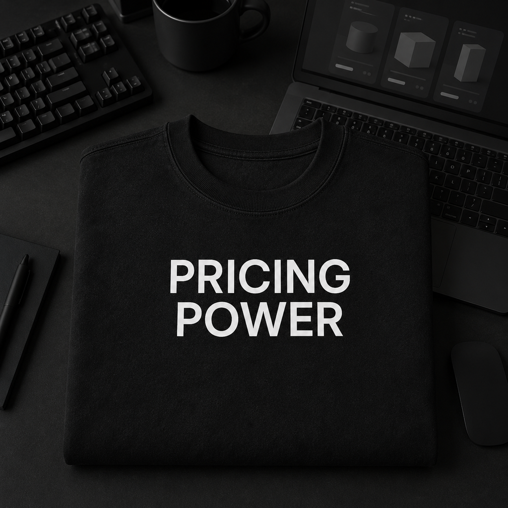 PRICING POWER black oversized terry t-shirt by BYTWEAR - flat lay on desk