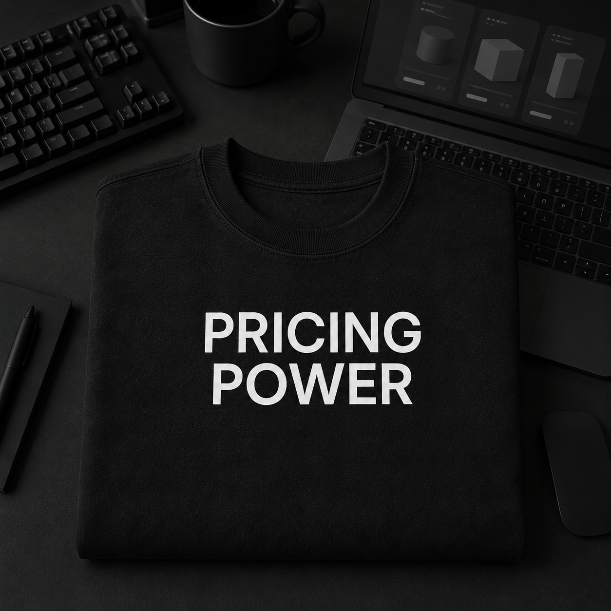 PRICING POWER black oversized terry t-shirt by BYTWEAR - flat lay on desk