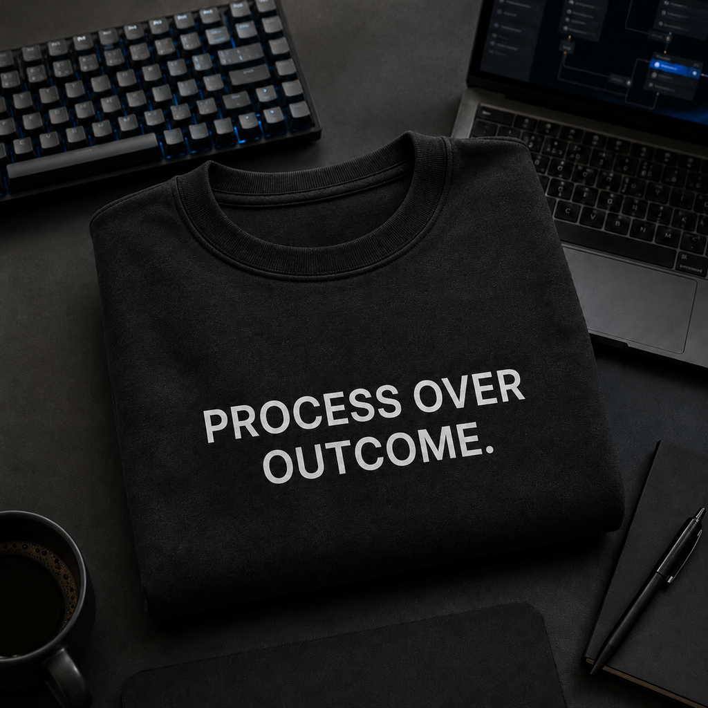 PROCESS OVER OUTCOME. black oversized terry t-shirt by BYTWEAR - flat lay on developer desk