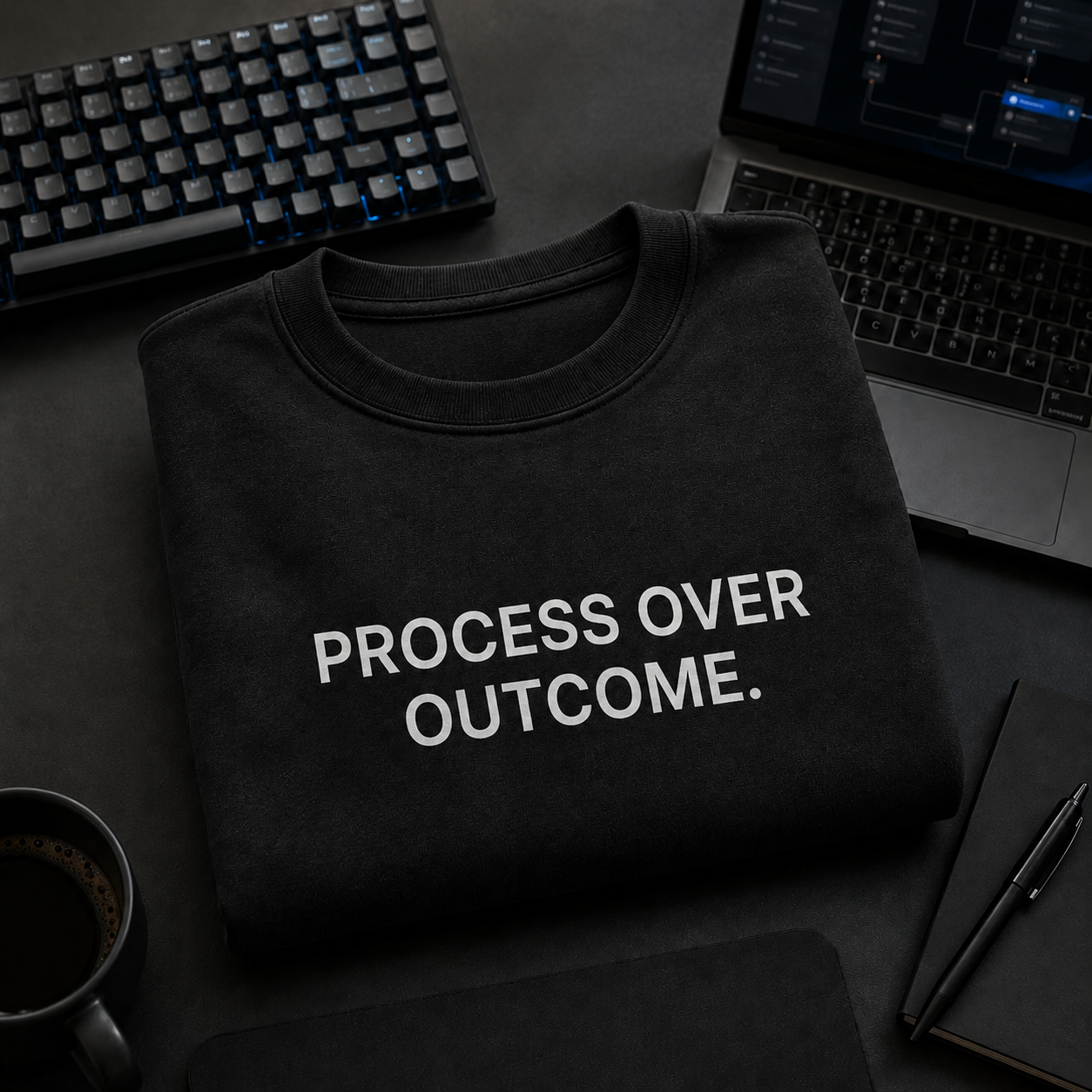 PROCESS OVER OUTCOME. black oversized terry t-shirt by BYTWEAR - flat lay on developer desk