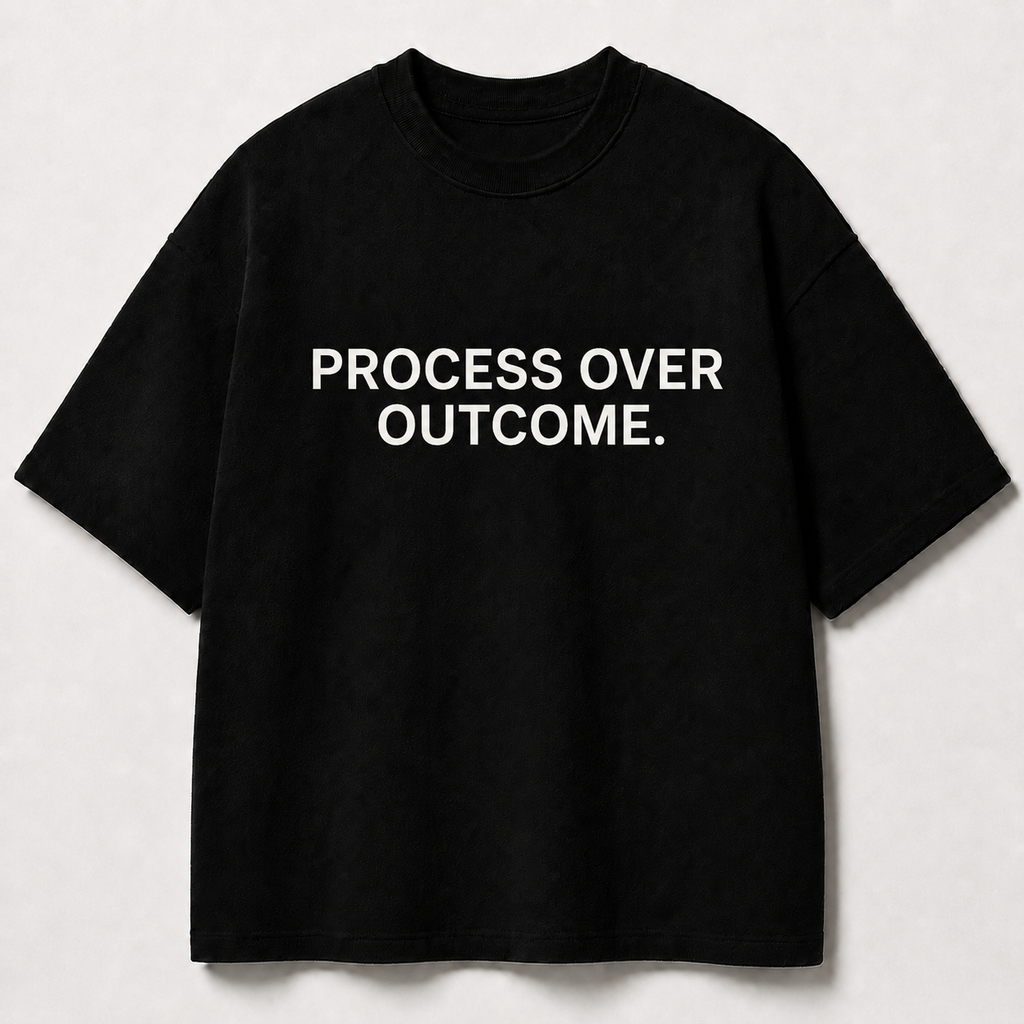 PROCESS OVER OUTCOME. black oversized terry t-shirt by BYTWEAR - front view