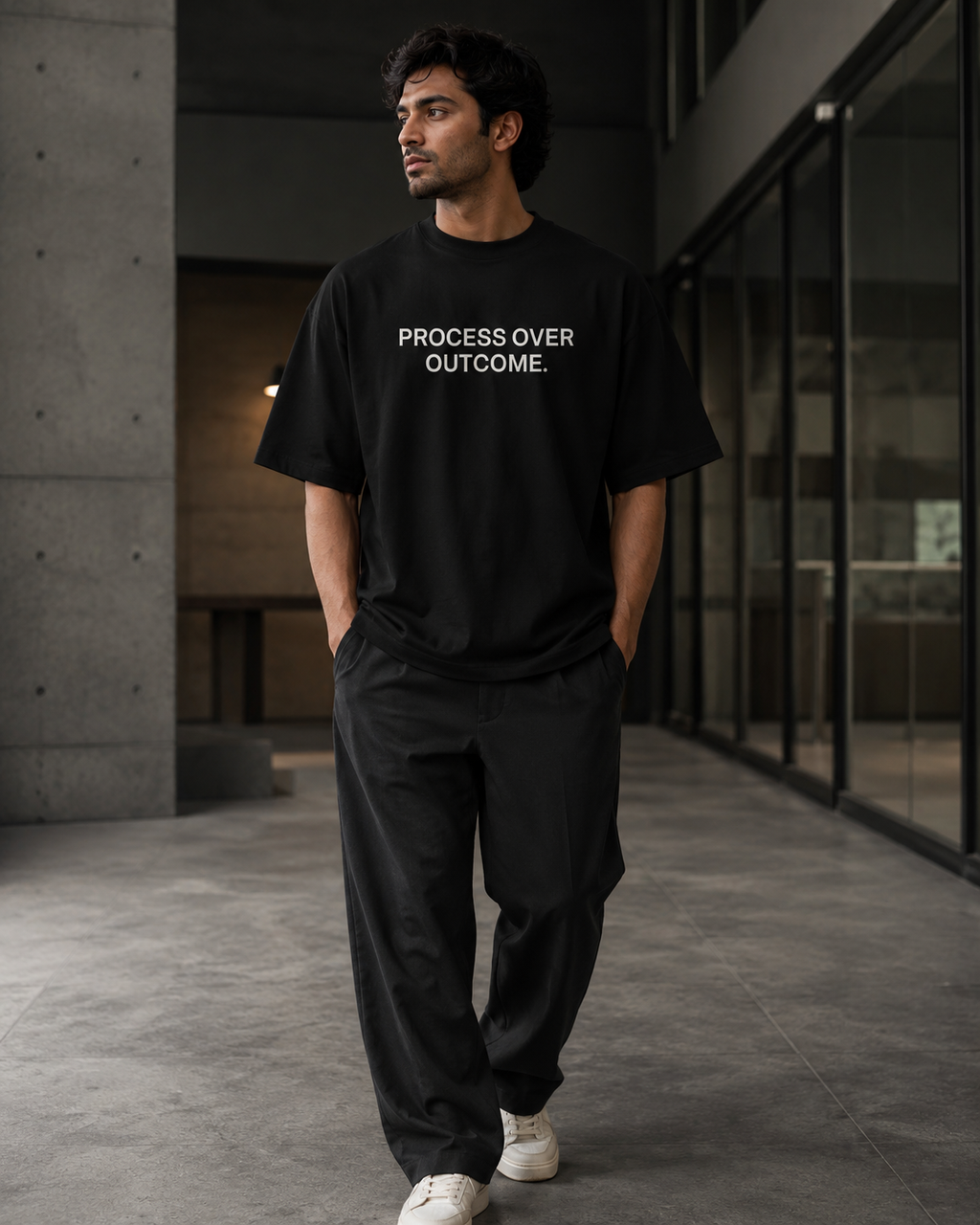 PROCESS OVER OUTCOME. black oversized terry t-shirt by BYTWEAR - worn by model